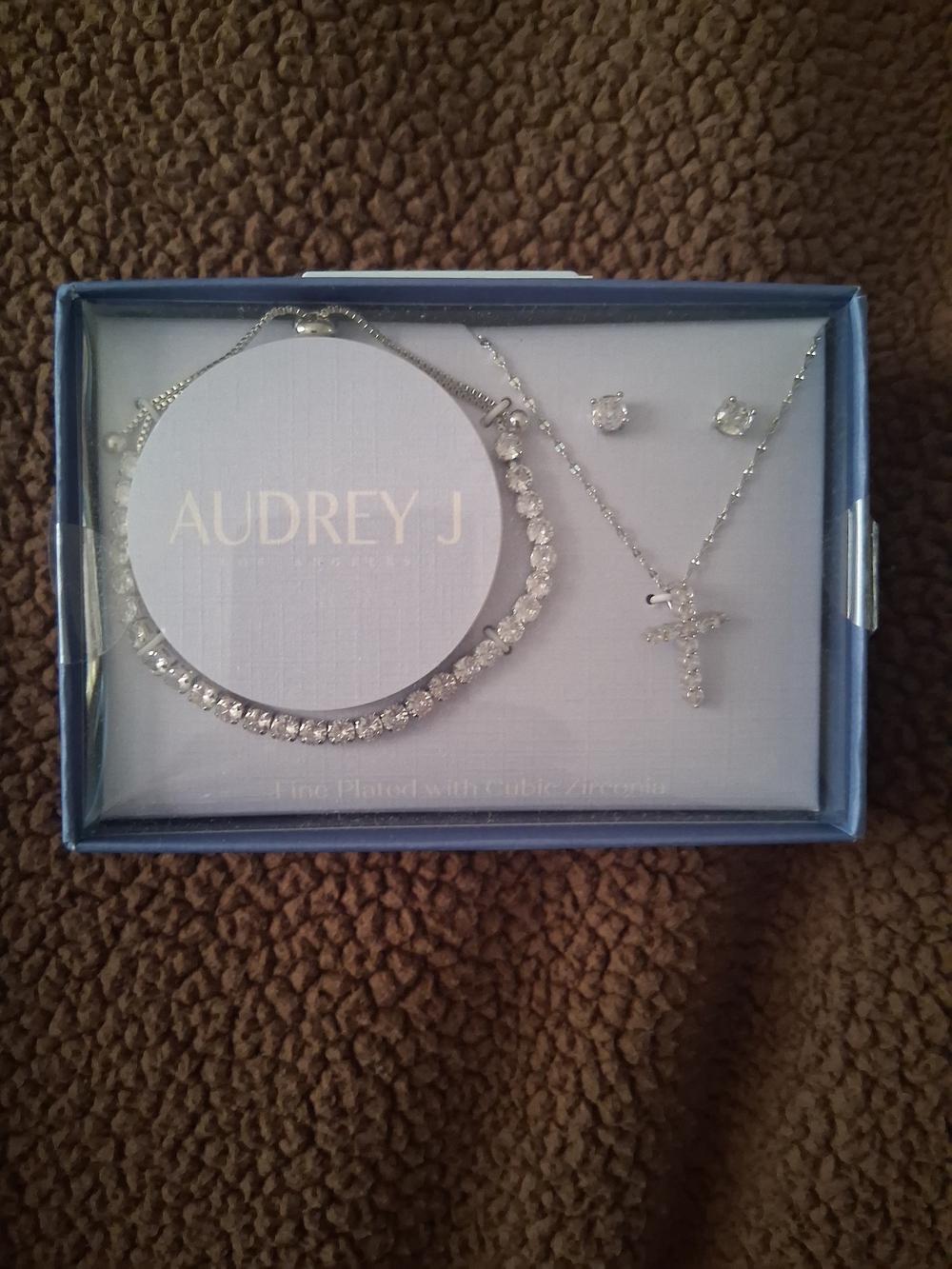 audrey Silver Crystal Cross Necklace, Bracelet & Stud Earring Set